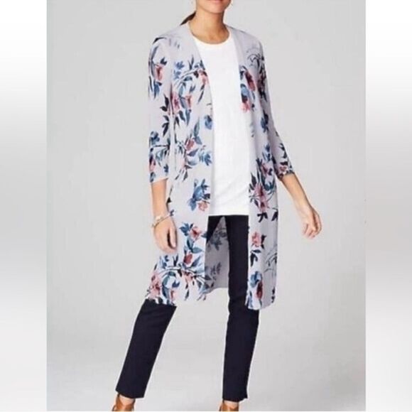 J. Jill Linen Blend White Floral Print Open Front Duster Cardigan Size L - Picture 1 of 11